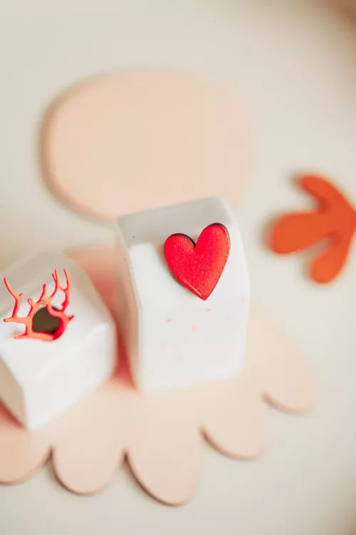 Bijoux Isatis Bijoux Bois Sur Mesure Caen, photo de présentation de produit, type broche en bois coeur coloris rose fluo